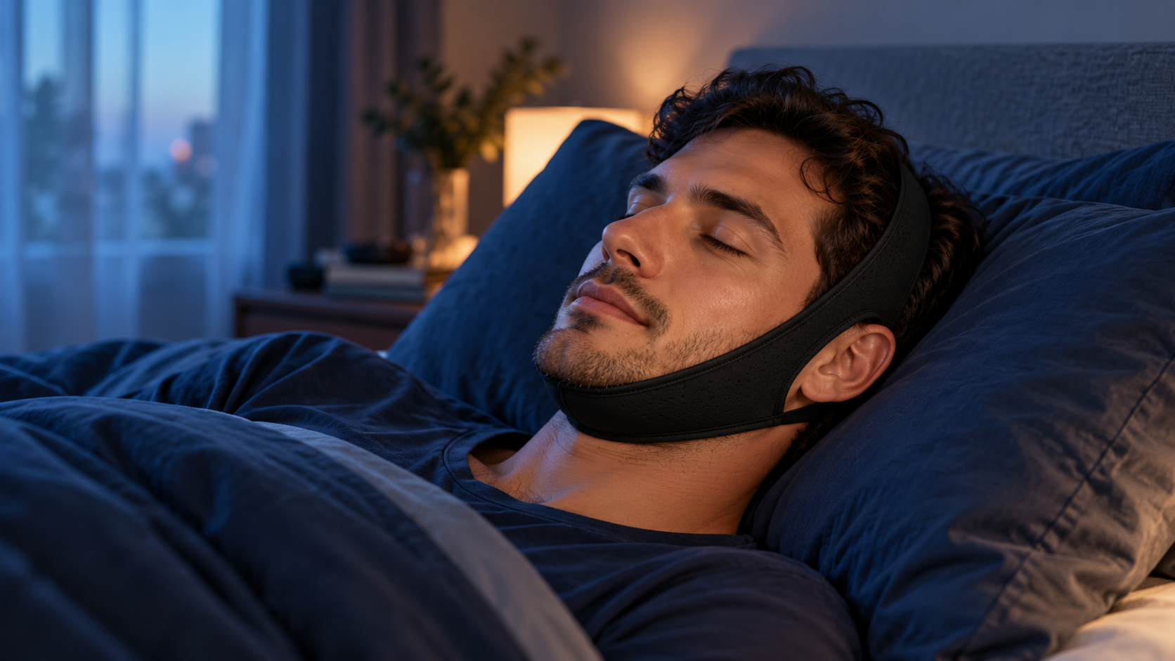 Adult resting in a calm bedroom while wearing a black Polawis sleep chin strap